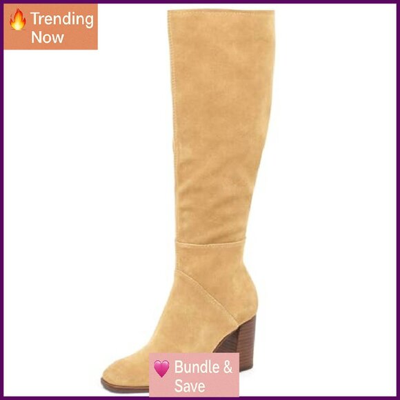 Knee High Boots Square Toe Chunky Block Heel Side Zipper Faux Suede - Picture 2 of 8